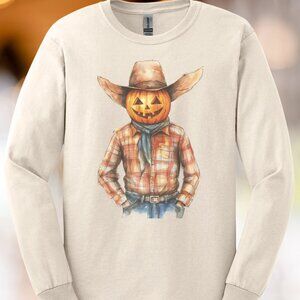 Pumpkin Cowboy Shirt Fall Western Graphic Plaid Jack O Lantern Long Sleeve Tee